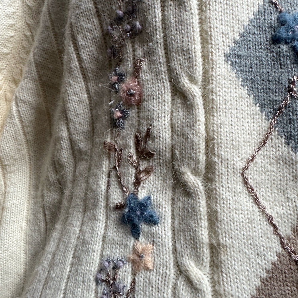 Alfred Dunner Cream Sweater with Blue and Brown Argyle & Floral Embroidery - Picture 4 of 8